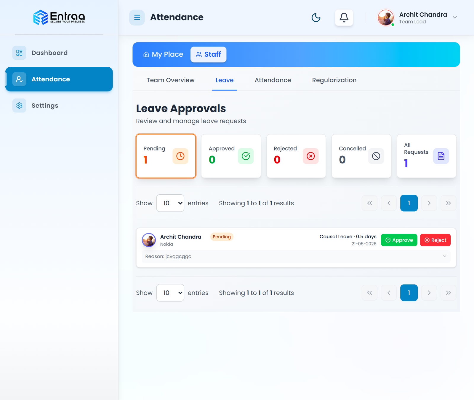 Leave approvals — pending, approved, rejected, in one queue